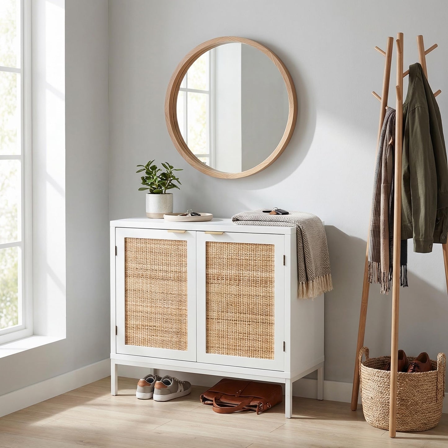 Yvsevnr White Rattan Buffet Cabinet, Sideboard and Tv Cabinet, Accent Cabinet with Magnetic Closure, Metal Legs, Anti-tipping