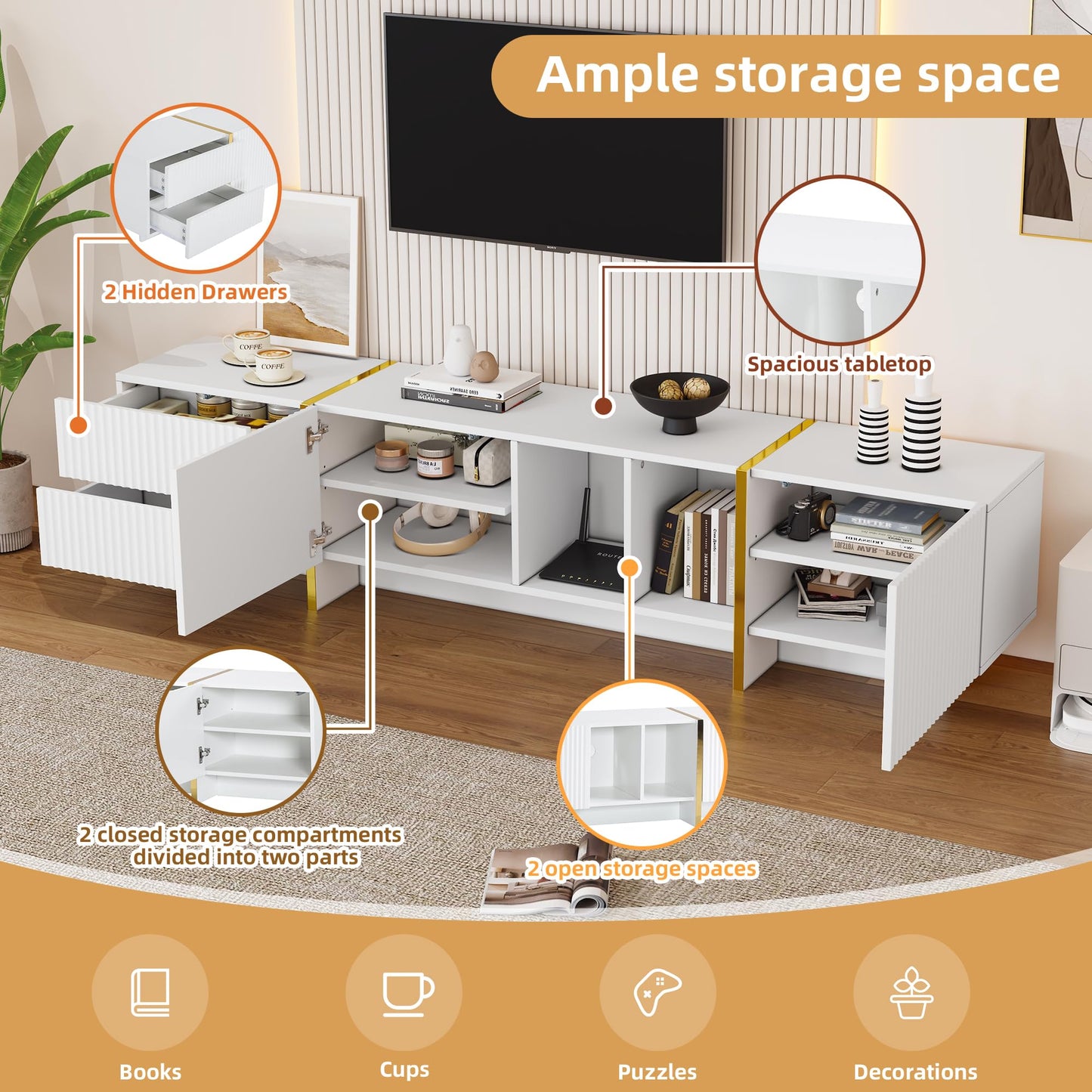 Ball & Cast TV Cabinet, High-gloss TV Unit, TV Stand Cabinet with 4 LED lighting Modes & 16 Colors, Wall Mounted/Floor Mounted, 180 * 35 * 30 cm