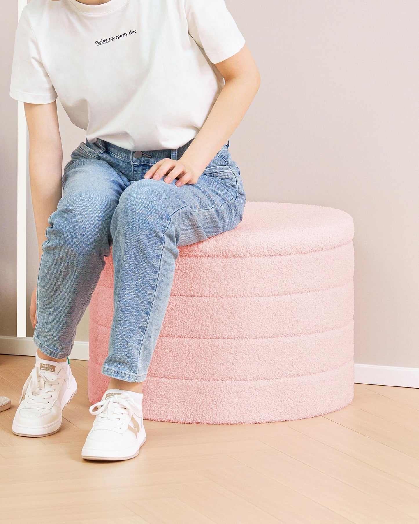 Bonlife Extra Large Folding Round Ottoman with Storage,Boucle Ottoman Stool, Footstool Seat Coffee Table,Toy Box Storage,Footrest Stool for Living