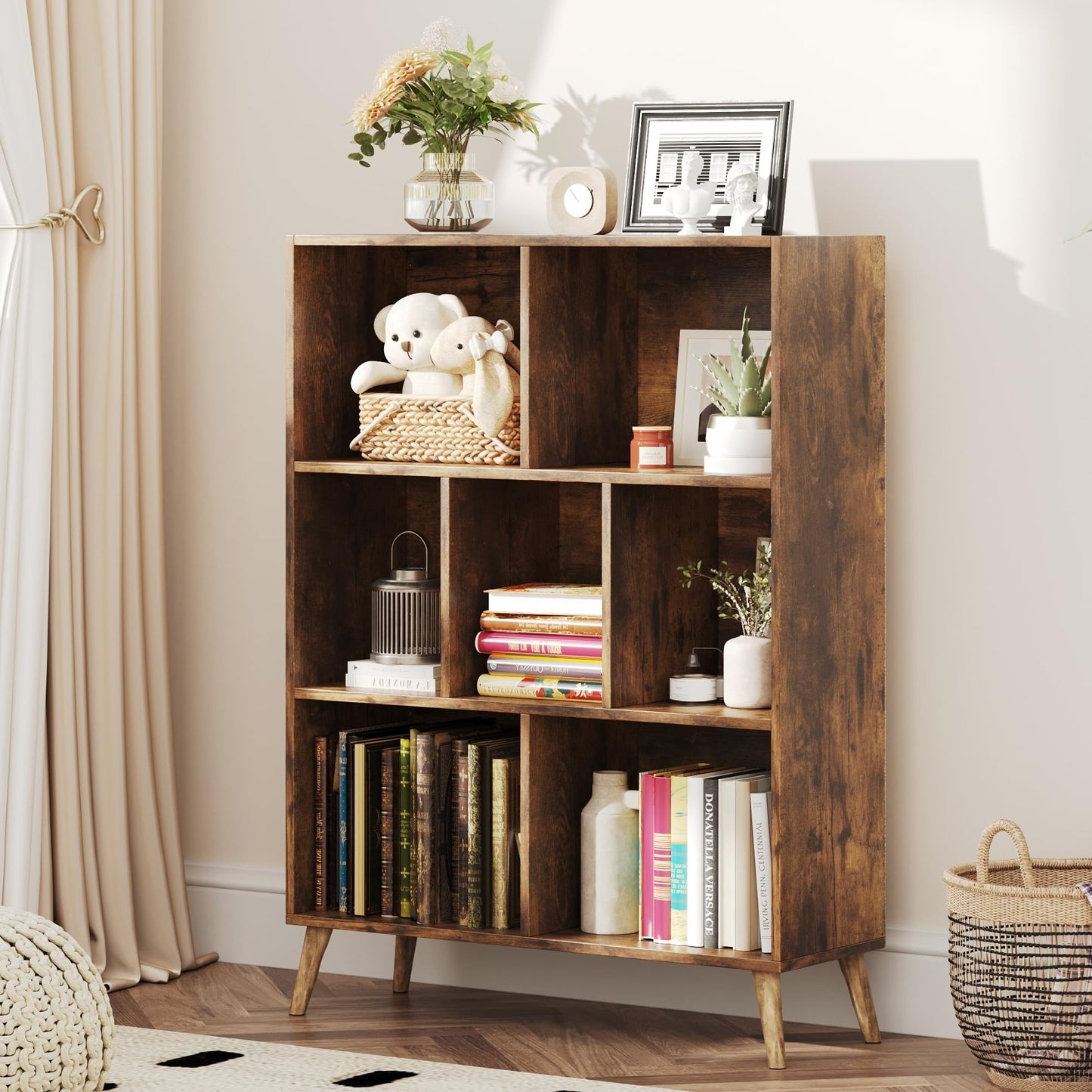 CAIYUN 7 Cube Bookshelf, 3 Tier Modern White Bookcase with Legs, 31 inch Wooden Book Shelf, Toy Storage Organizer