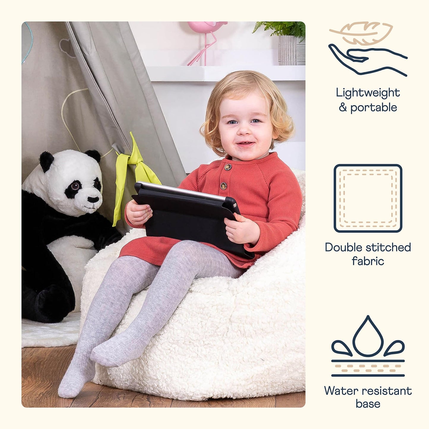 icon Kids Teddy Fleece Bean Bag Chair, Cream, Fluffy Kids Bean Bag Armchair with Filling Included for Girls and Boys, Childrens Chair, Nursery Dcor,
