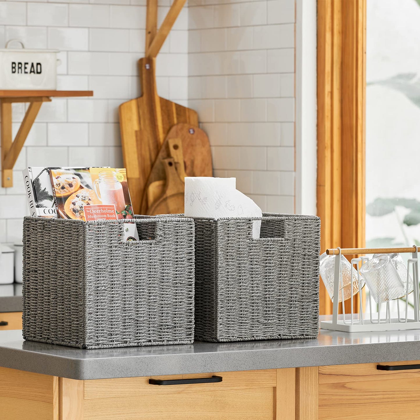 Vagusicc 2-Pack Wicker Storage Basket with Handles, Foldable Storage Organizer Bins for Shelves