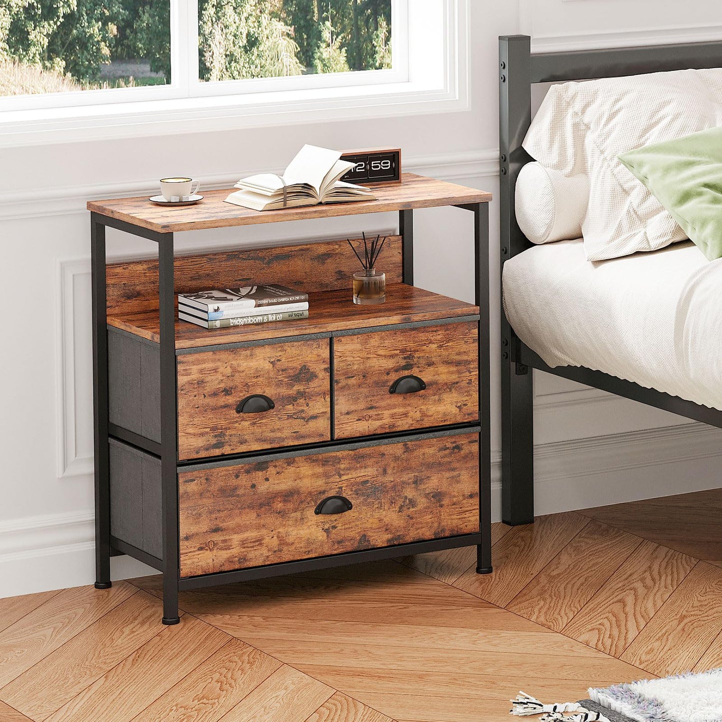CAIYUN Bedside Table Cabinet with 3 Drawers for Bedroom, End Table Sofa Sid with Storage for Living Room, Nightstand with Metal Frame and Open Shelf