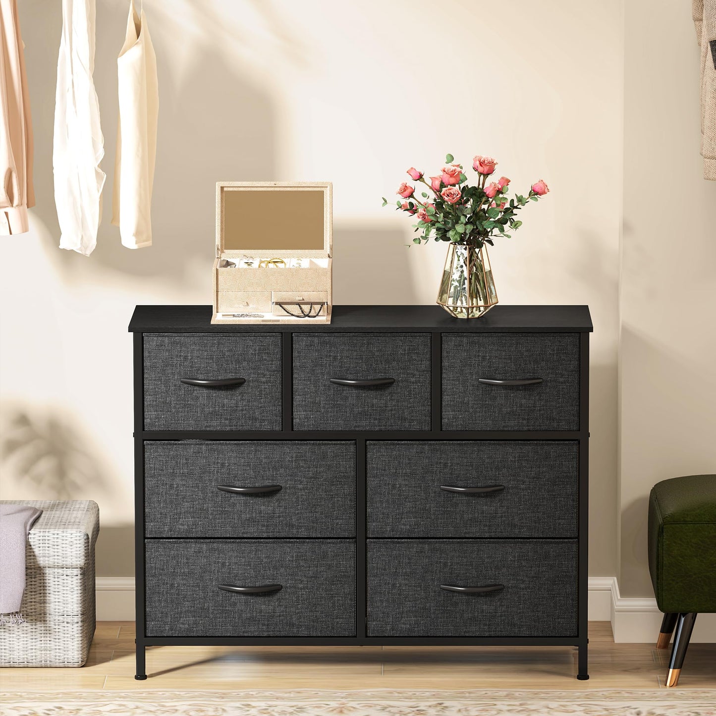 DWVO Wide Chest of Drawers,Fabric Chest of Drawers Bedroom Cabinet with 7 Drawers,Dresser for Bedroom,Living Room With Handles,Wood Top and Sturdy