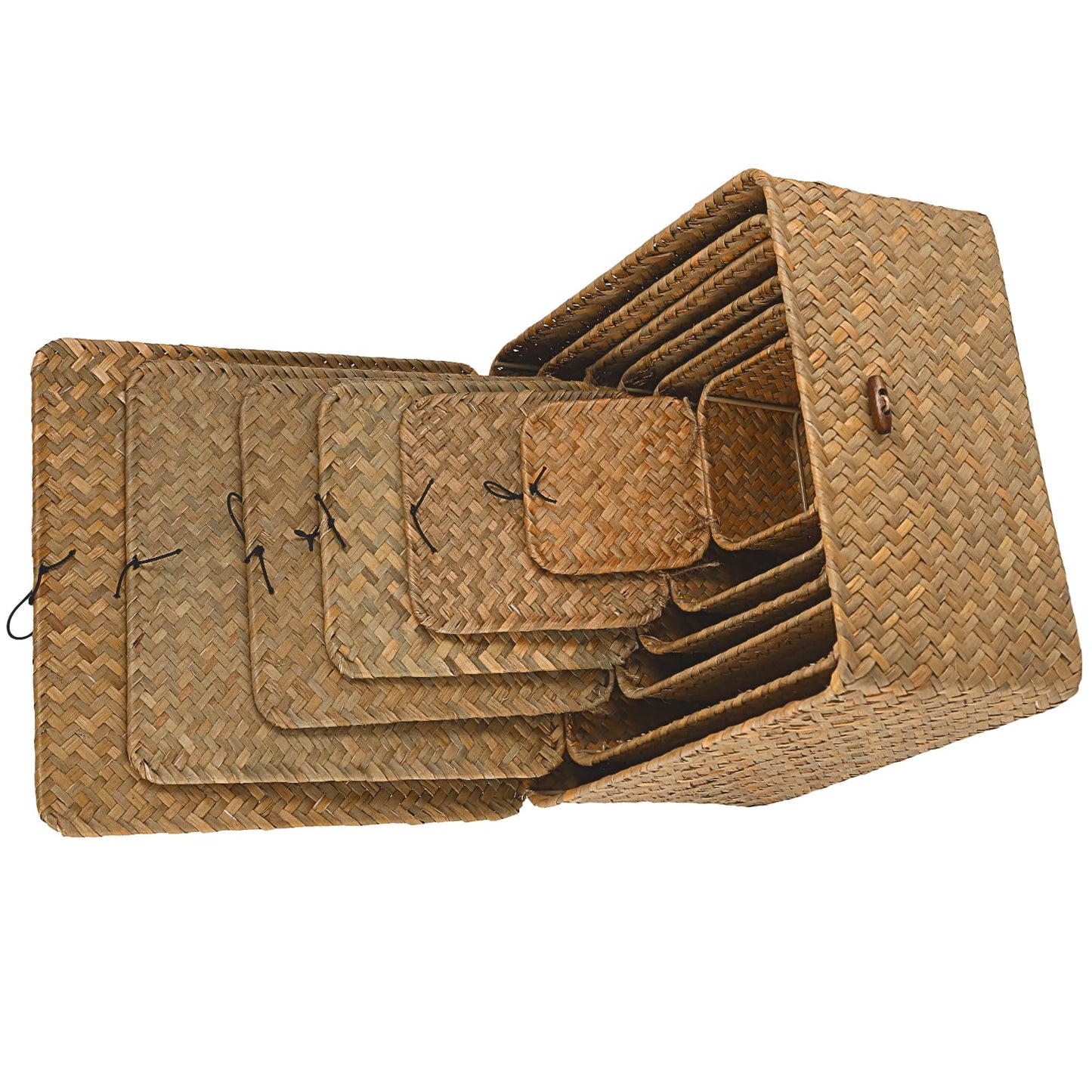 MOUYAT 6 PCS Wicker Baskets with Lids, Wicker Storage Baskets with Lids, Rectangular Handmade Organizer Bins