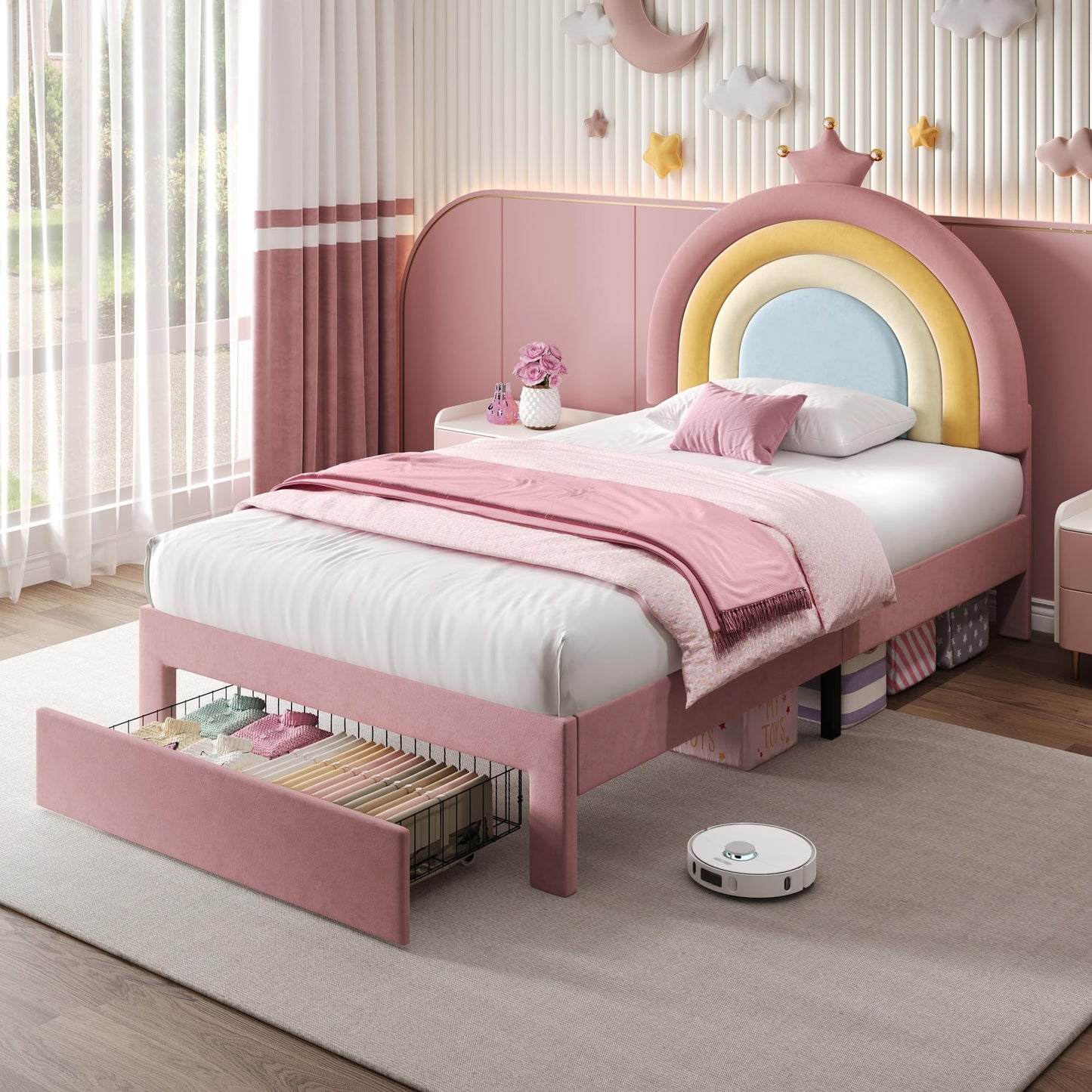 Ball & Cast 3ft Single Upholstered Bed with Adjustable Rainbow Headboard, Soft Velvet Bed Frame with Storage Drawer