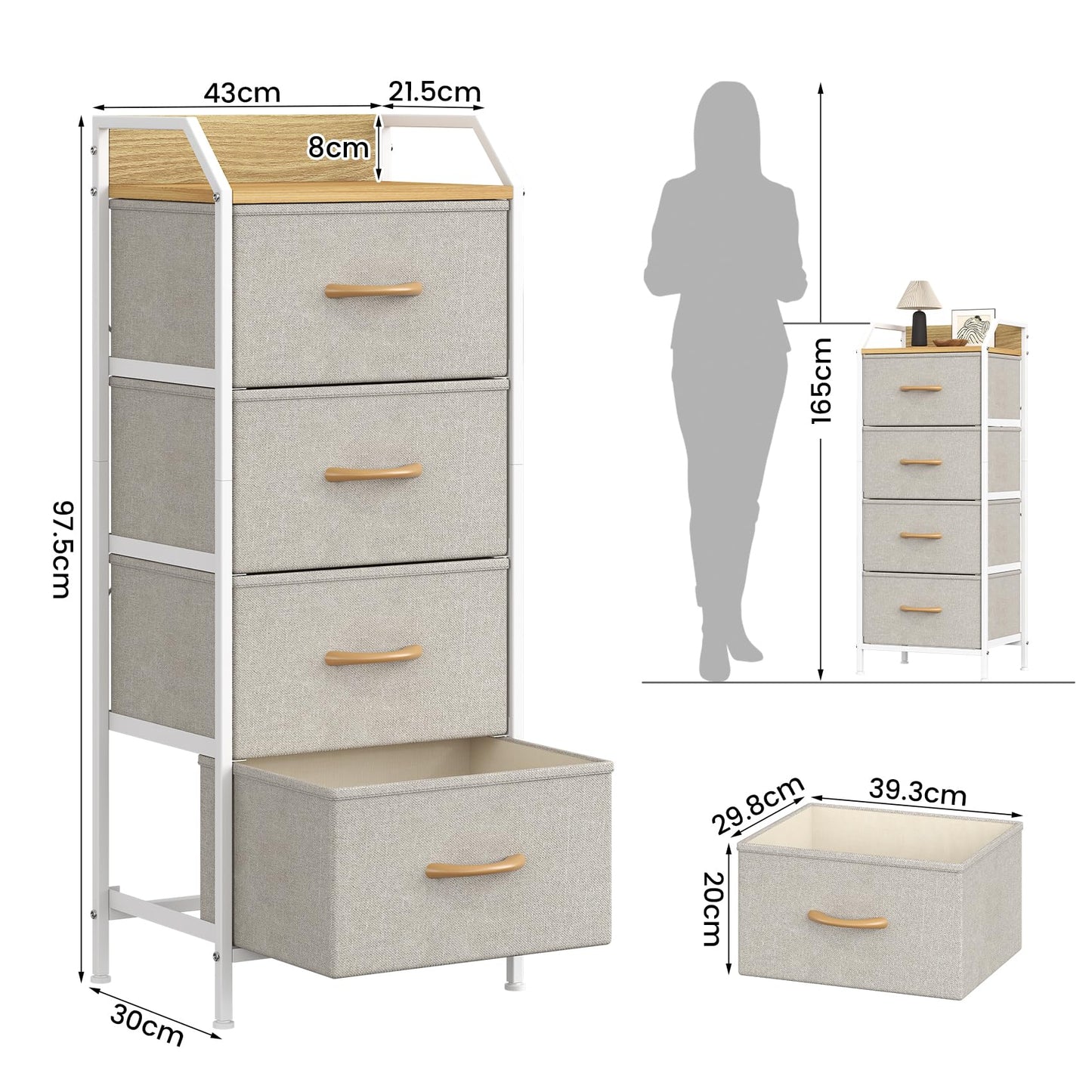 Feonase 4-Drawer Chest of Drawers with Metal Frame & Top Back Panel – Modern Fabric Storage Cabinet for Bedroom, Living Room, Small Spaces