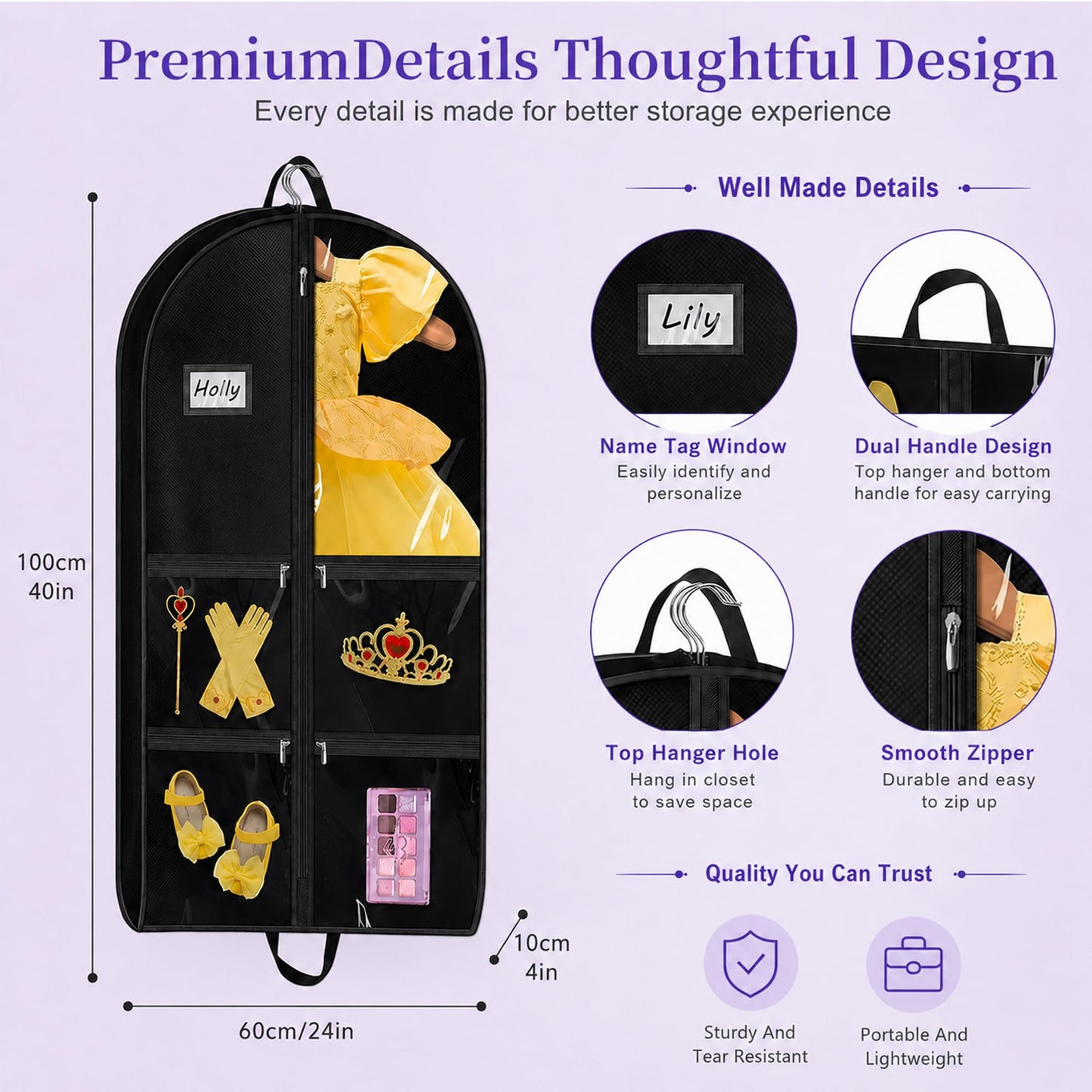 Garment Bags for Costumes & Suits – 2 Pack with 6 Clear Windows & 5 Zippers – Wrinkle-Free Storage for Dance, Travel & Sports Jerseys (Black)