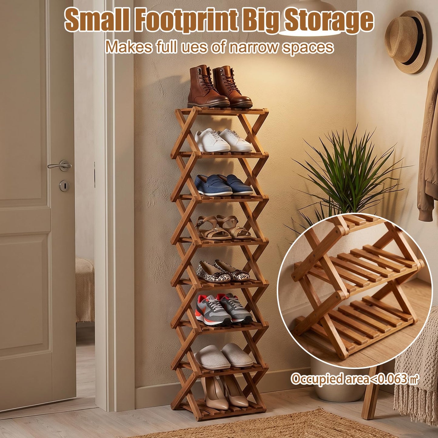 Kiss Me Vertical Shoe Rack, Portable Folding Wooden Storage, 8 Tier Brown