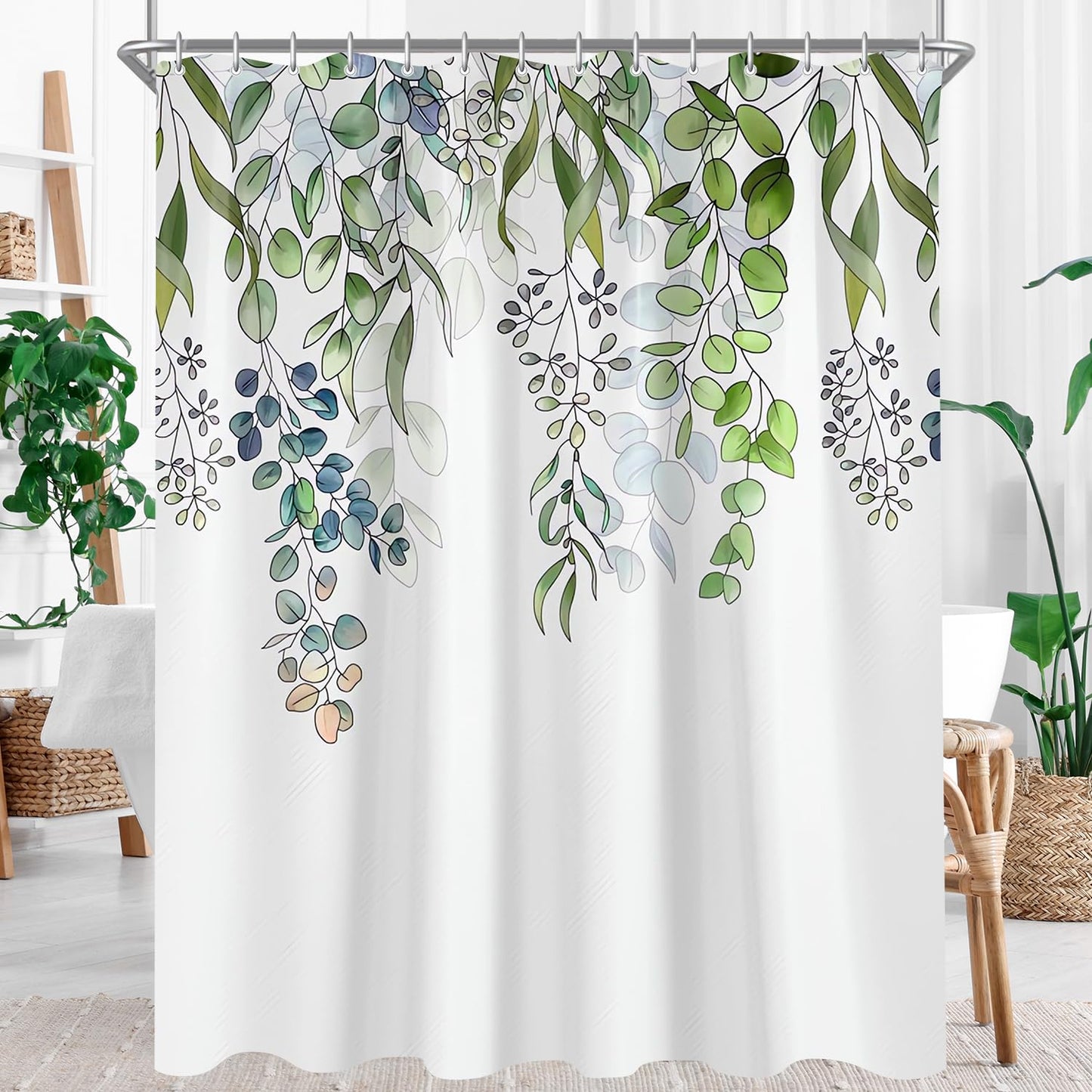 Lerores Shower Curtain, 100 x 180 cm, Green Leaves Anti-Mould Textile, Weighted Hem Water-Repellent, Washable Polyester Fabric Bath Curtains with
