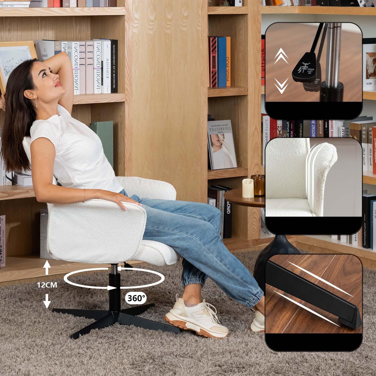 MEUBLE COSY Office Chair Ergonomic Boucle Cross-legged Accent Armchair Swivel Height Adjustable No Wheels High Back for Home Computer Desk Makeup