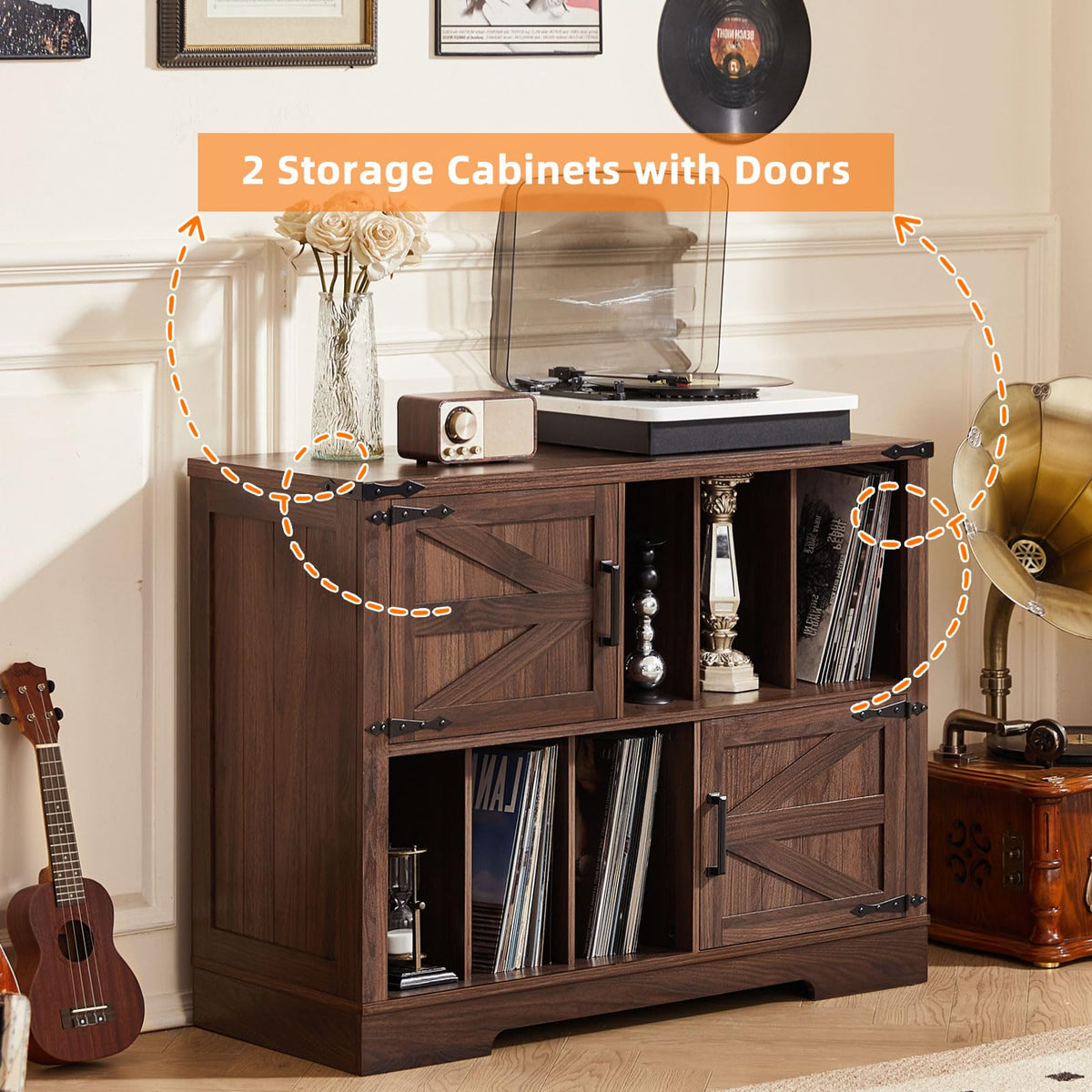 LELELINKY Record Player Stand with Storage, 1m Farmhouse Vinyl Cabinet