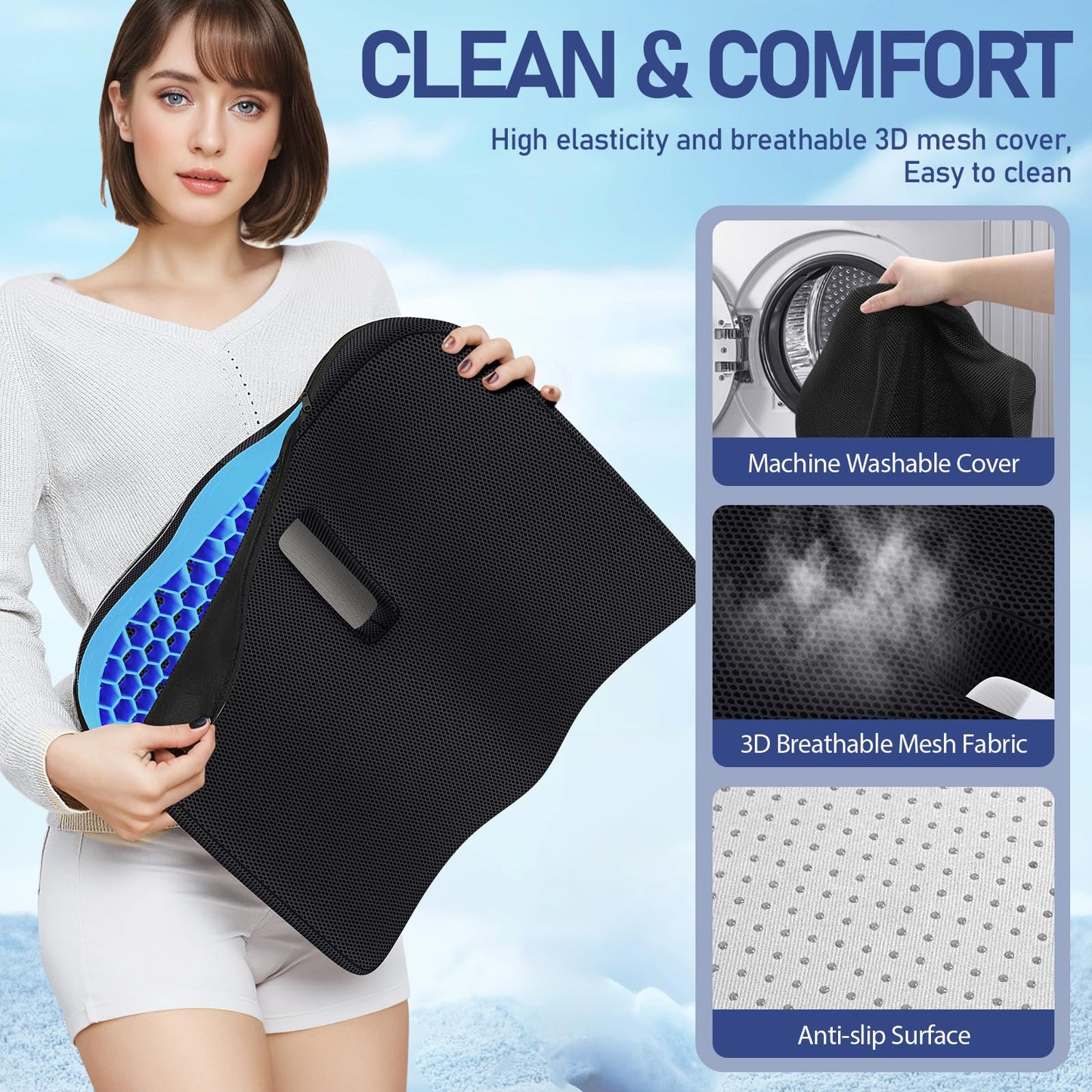 Benazcap Gel Seat Cushion, Soft Sitter Cushion Large Double Thick Gel Cushion, Honeycomb Ergonomic Cushions for Pressure Relief & Coccyx Pain Relief