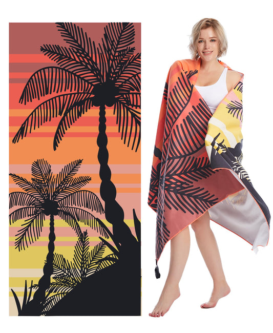 Style Slice Beach Towel - Sand Free Quick Dry Lightweight Microfibre Beach Towel for Adults, Includes Mesh Bag - Palm Tree Sunset, Extra Large