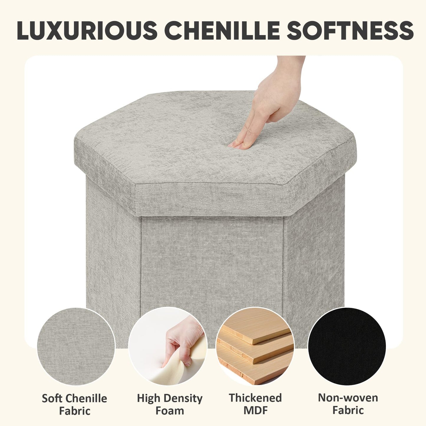 PINPLUS Chenille Ottoman Storage Box, Hexagonal Folding Stool, Silver Grey