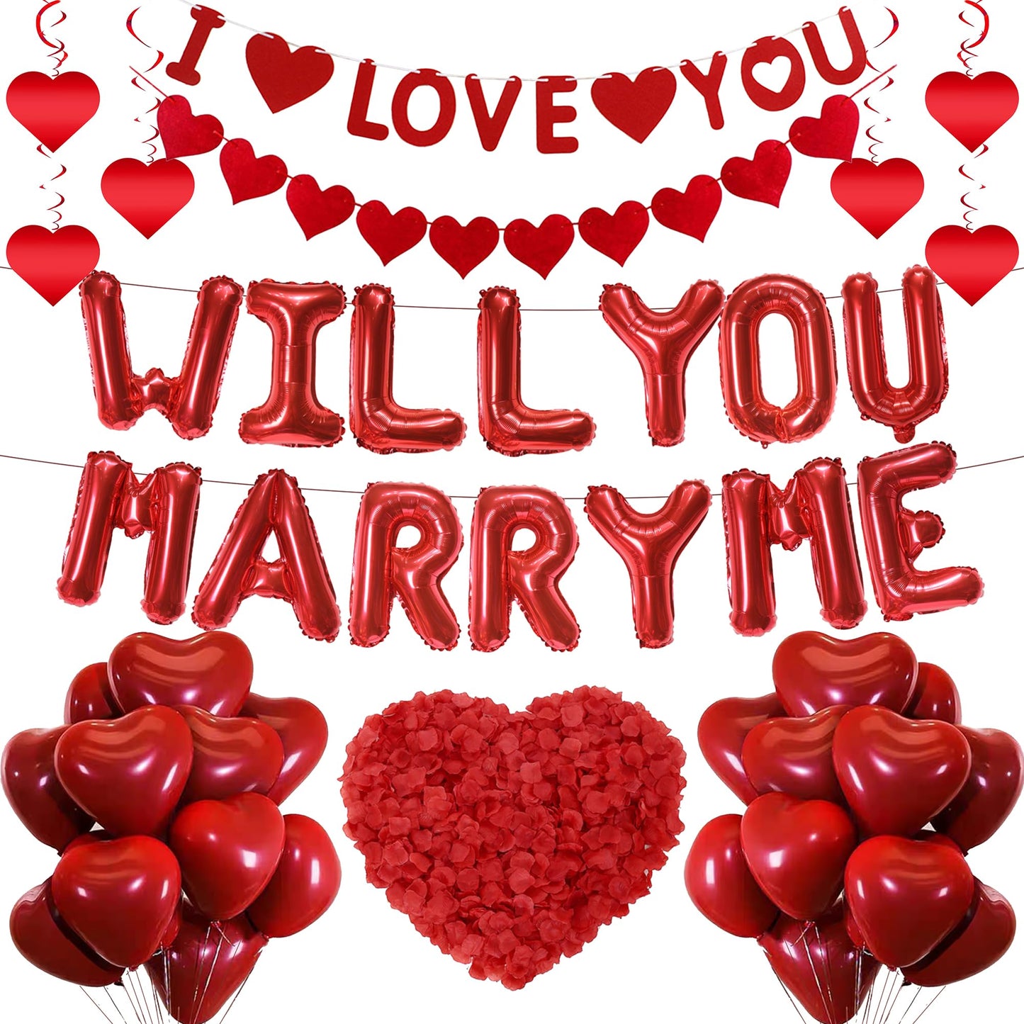 Will You Marry Me Decorations - 46 Pcs Proposal Decoration I Love You Banner Red Heart Balloons Love Heart Hanging 500 Artificial Rose Petals For