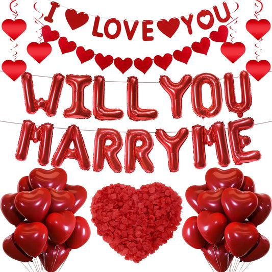 Will You Marry Me Decorations - 46 Pcs Proposal Decoration I Love You Banner Red Heart Balloons Love Heart Hanging 500 Artificial Rose Petals For