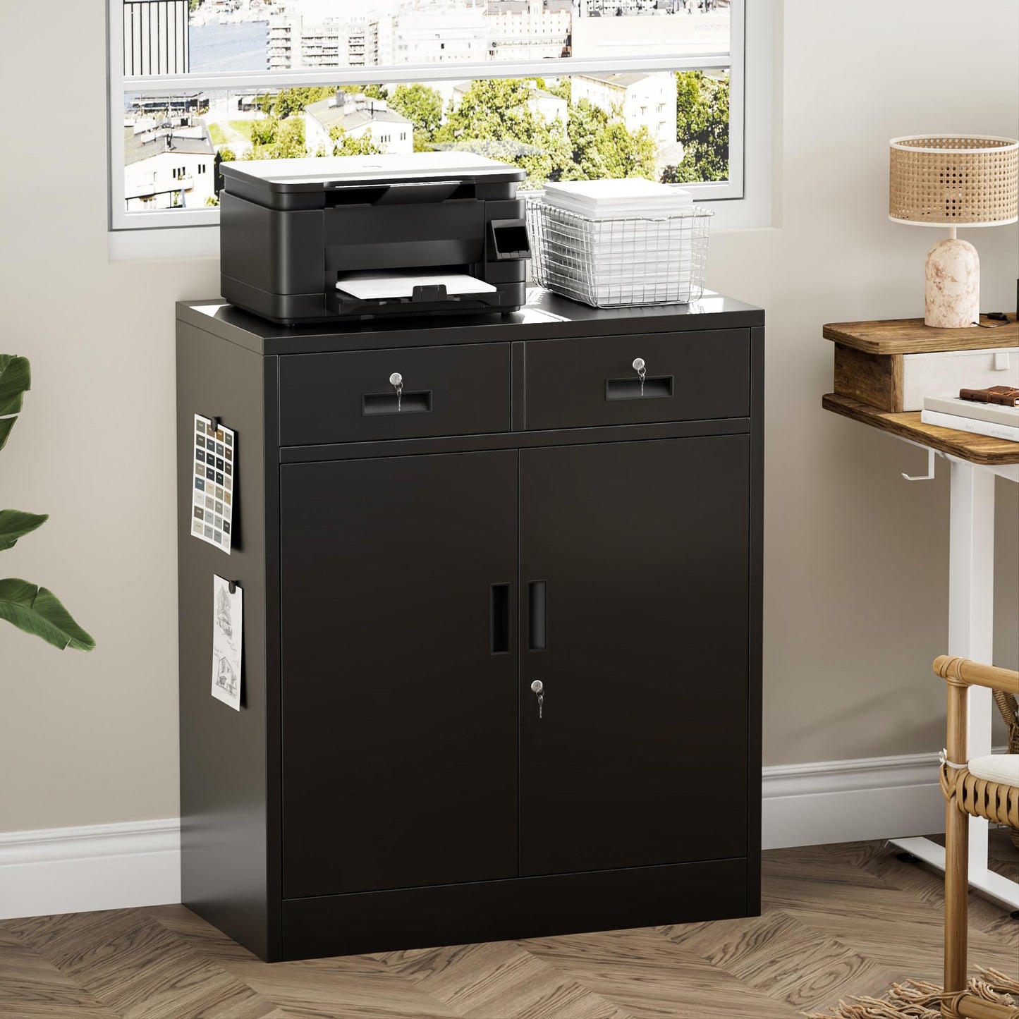 Metal Storage Cabinet, 90cm Locking Storage Cabinet with Doors, Steel Storage Cabinet with 2 Drawers and Adjustable Shelf for Garage, Home, Office