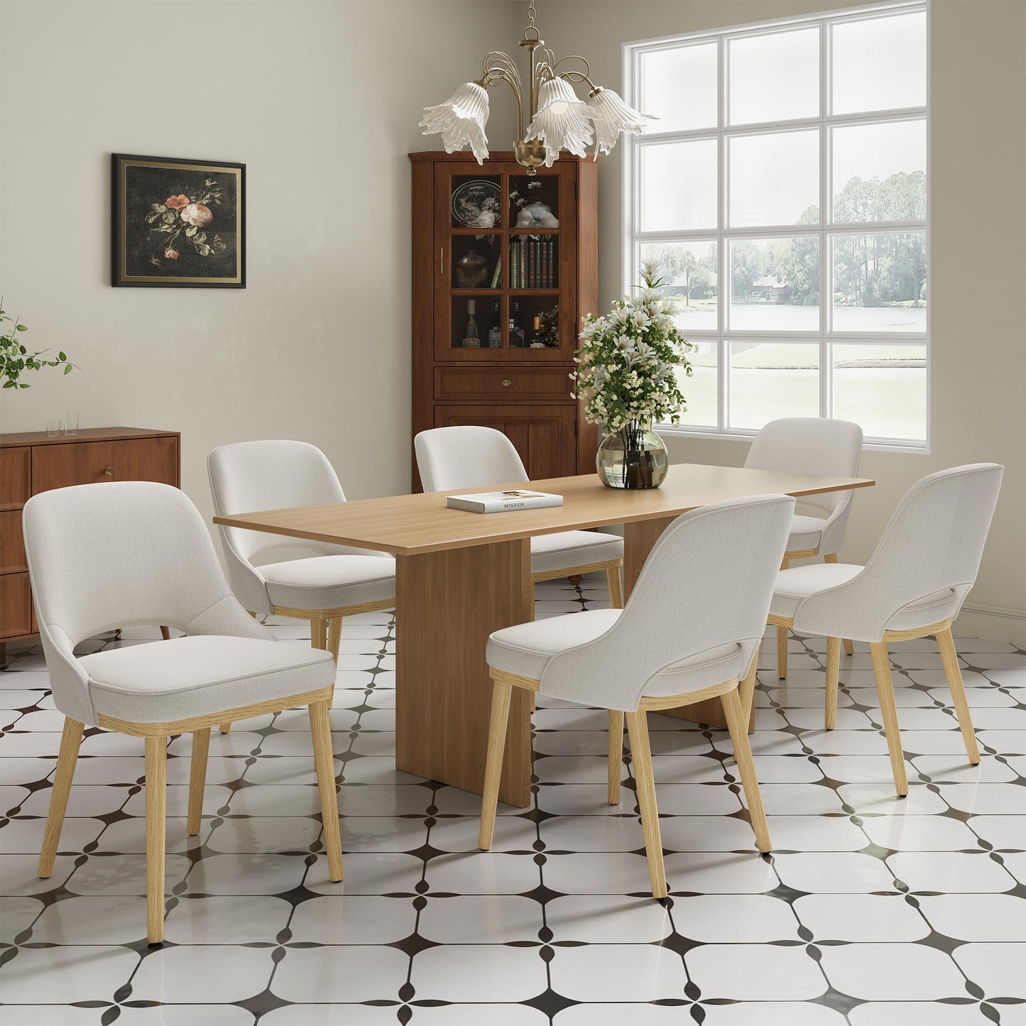 Dining Chairs Set of 6, Upholstered Dining Room Chairs with Chenille Fabric, Ergonomic Backrest, High Density Cushion & Rubber Wood Frame
