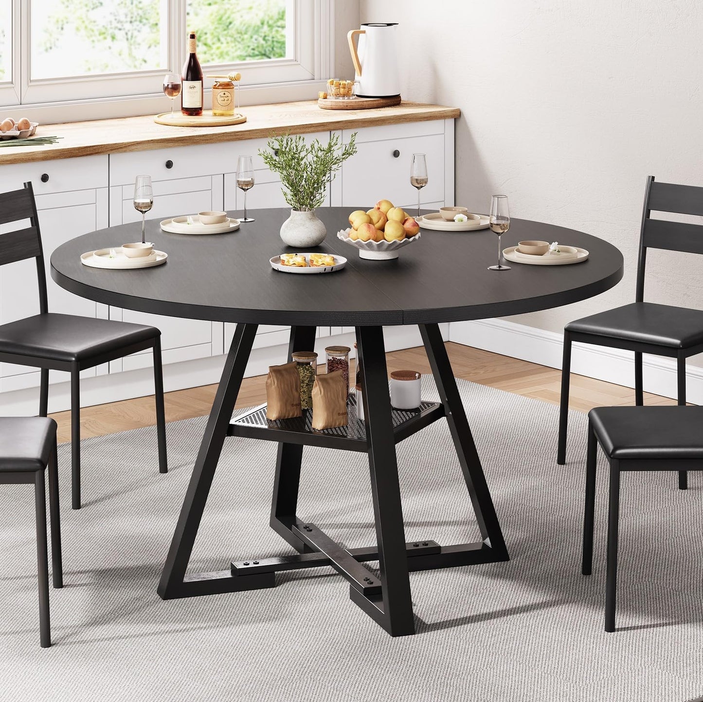 Jocoevol Round Dining Table for 4 People, Circle Dinner Table with Shelves, Space Saving Wood Kitchen & Dining Room Furniture (Black, 47 inch