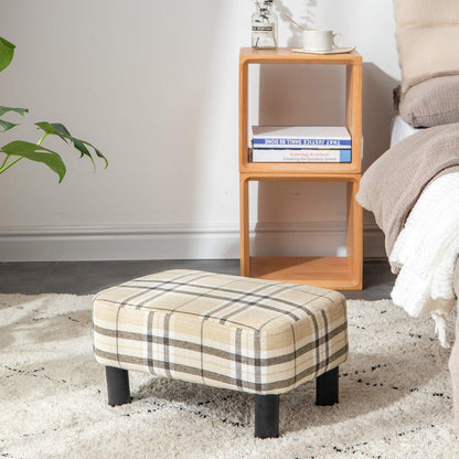 IBUYKE 42CM Small Footstool, Linen Fabric Pouf, with Padded Seat Pine Wood Legs Rectangular Stool, Small Under Desk Footrest