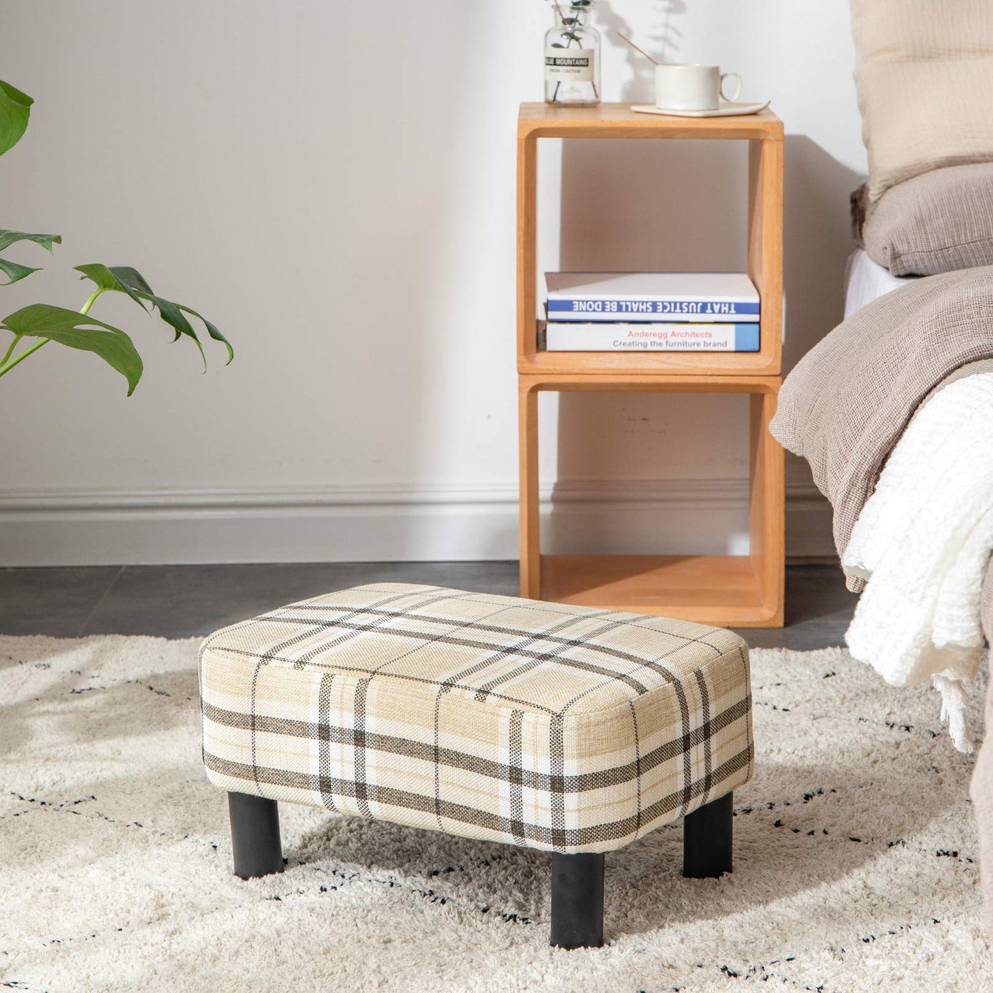 IBUYKE 16.54" Small Footstool Linen Fabric Pouf Ottoman Footrest Modern Home Living Room Bedroom Rectangular Stool, with Padded Seat Pine Wood Legs