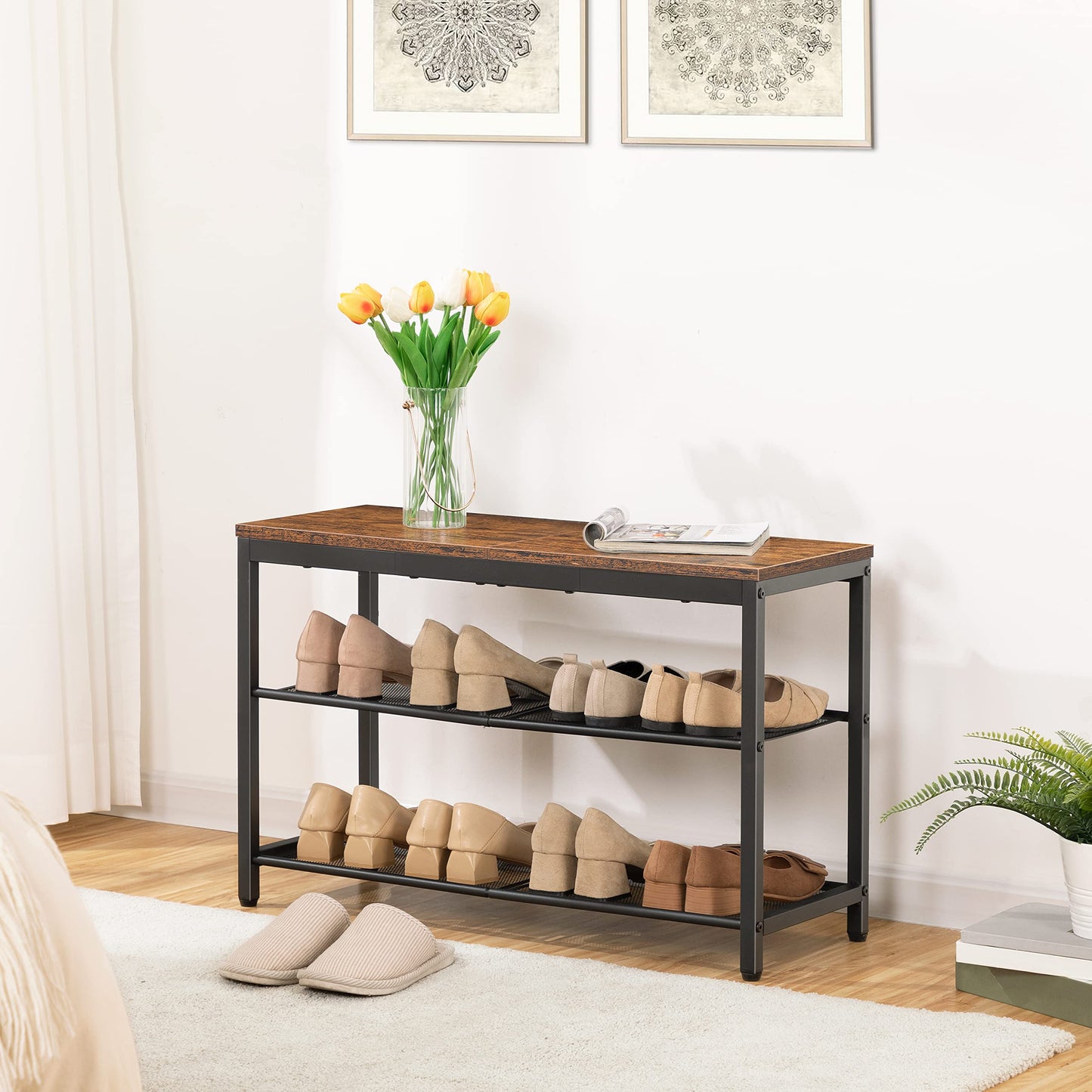 HOOBRO Shoe Rack, 3-Tier Shoe Bench with 2 Mesh Shelves, Shoe Storage Bench with Seat, for Entryway, Hallway, Living Room, Small Space, Easy Assembly