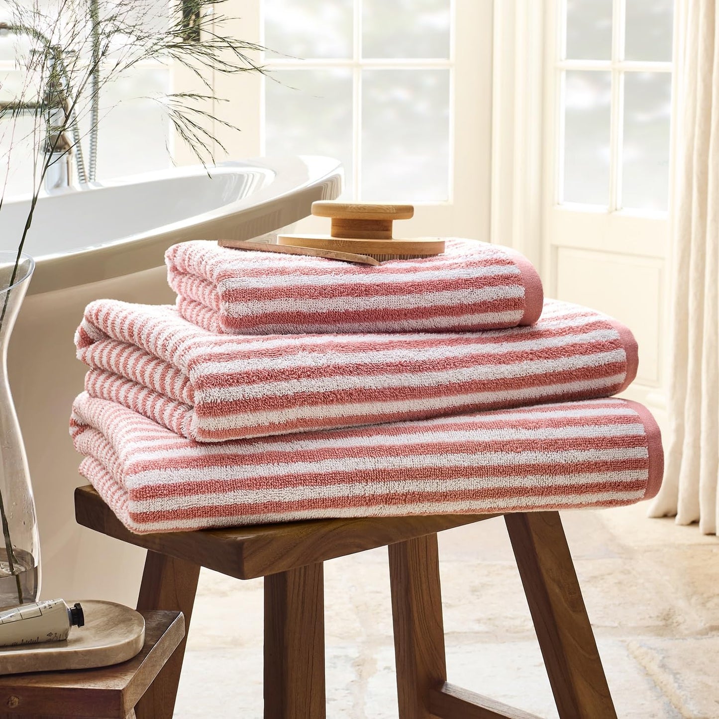 Christy Portobello Stripe Bath Sheets | Set of 2 | 100% Combed Cotton | 550GSM | 90cm x 160cm | Quick Dry | Rose Pink