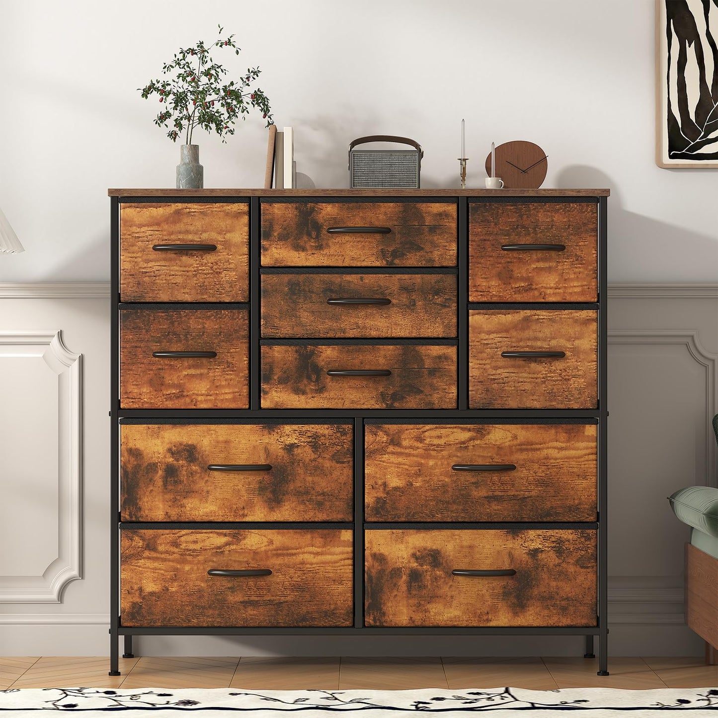 GoaHi Chest of Drawers, Large Dressers with Metal Frame and MDF Wooden Top Board, Adjustable Feet, Anti-Tip Safety