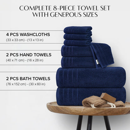 100% Cotton 8 Piece Towel Bale Set - Luxury Bathroom Towels Navy