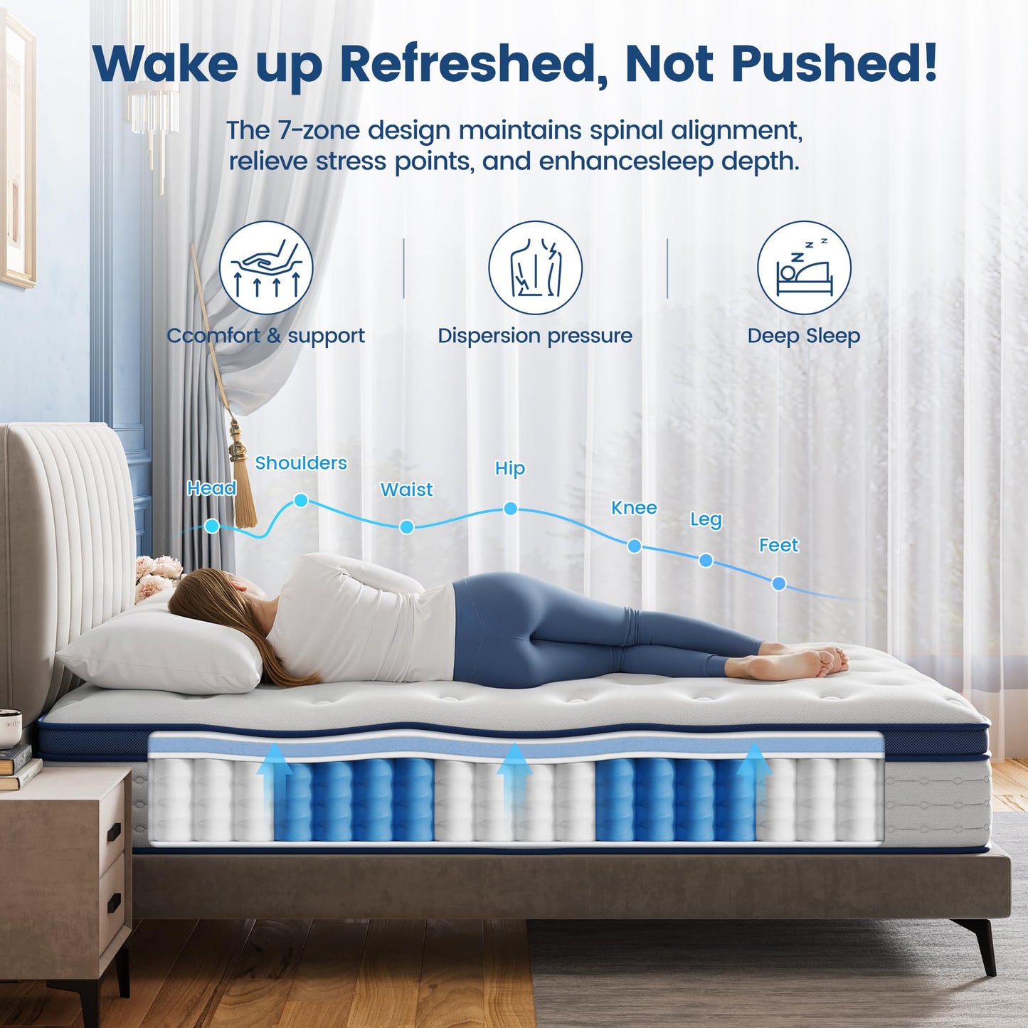 BedStory Double Mattress 4FT6, 10.3 Inch Hybrid Mattress, 7-Zone Mattress with Breathable Foam and Individually Pocket Sprung Firm- Extra Lumbar