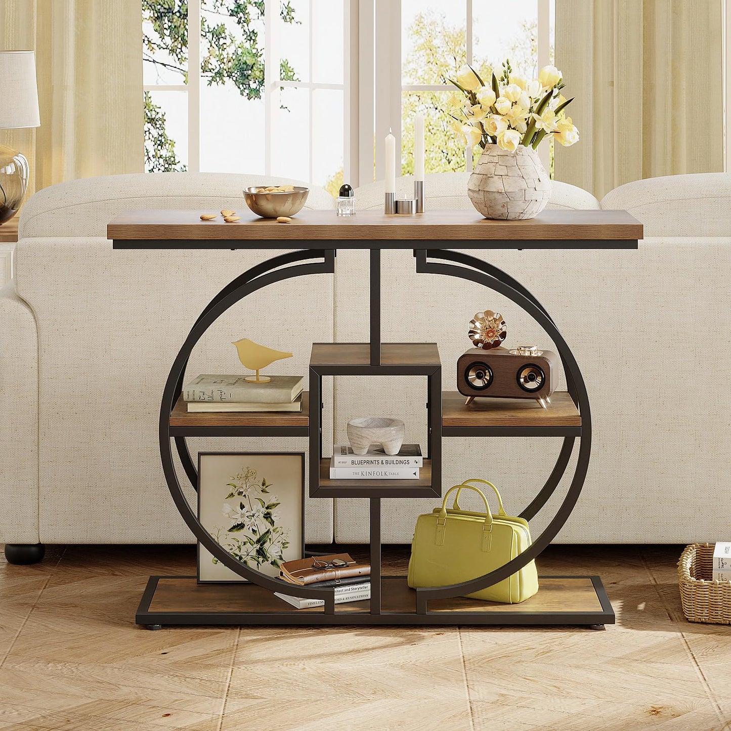 Trironsun Narrow Console Table for Hallway 4-Tier Rustic Sofa Table with Circle Metal Base Industrial Wooden Entryway Table with Storage Shelves for
