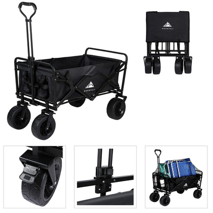 Heavy Duty Folding Wagon With Large Wheel, Trolley Cart Outdoor Transport Trailer Foldable Outdoor Garden Utility Wagon/Trolley with Cover Bag Black