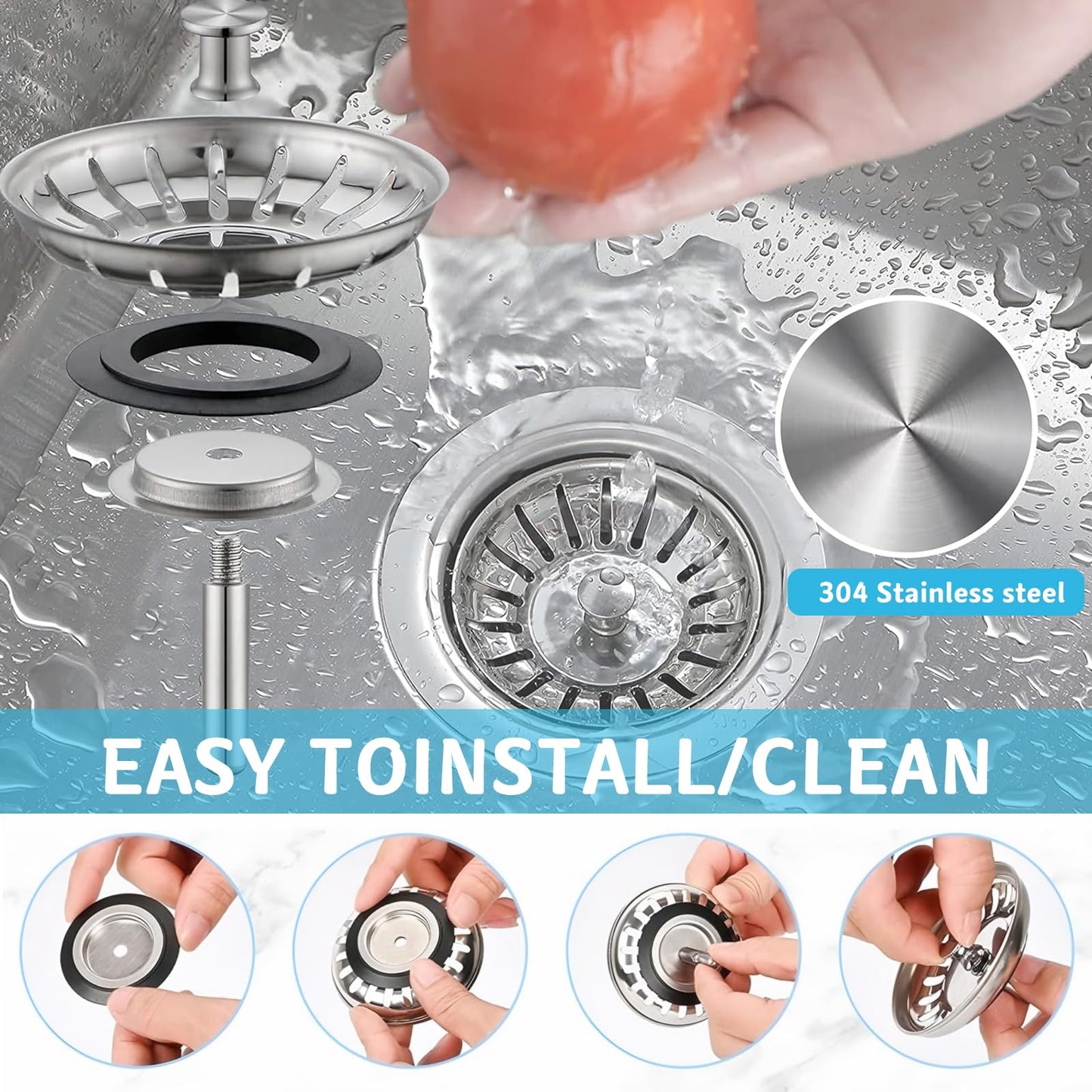 2 Pack Kitchen Sink Strainer, Stainless Steel Sink Plug Replacement, Sink Drain Stopper 3.15 Inch, Hole Diameter 80mm