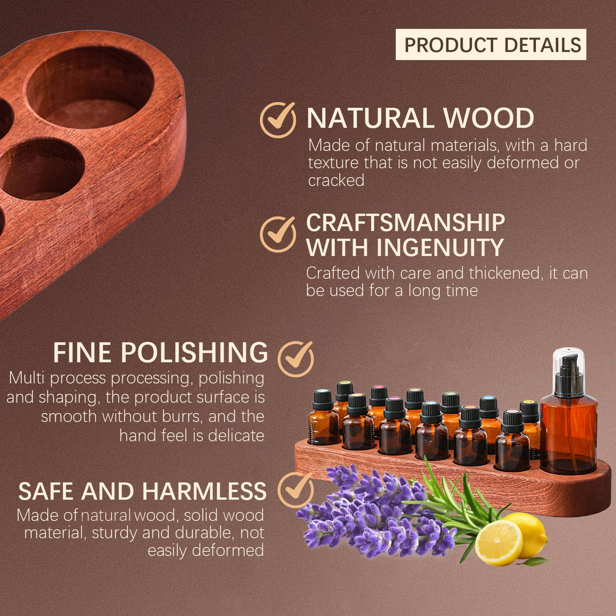 Wisnewth Wooden Essential Oil Holder with 13 Holes 3cmx12 & 5cmx1, Retro Desktop Display Rack for Bathroom Vanity Desk Organizer