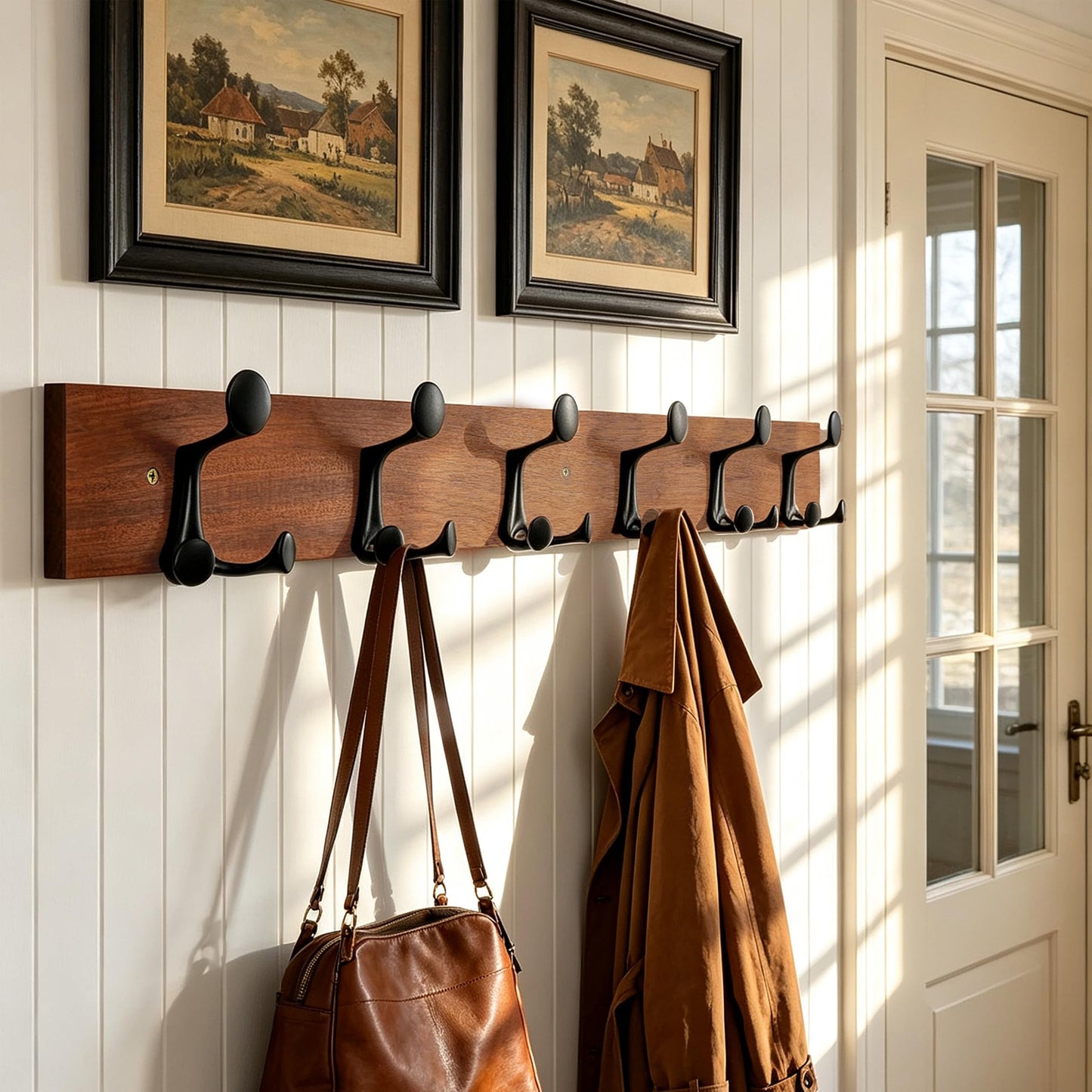 HONSKY Wall Mounted Coat Rack, 91cm Sapele Base,6 Black Sturdy Aluminium Alloy Triple Hooks(18 Hanging Points), Wall Coat Hanger for Entrance Hall