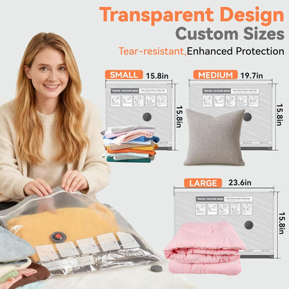 VACKFOX Travel Vacuum Bags with USB & TYPE C Pump, 9 Pack Carry-On Vacuum Storage Bags for Luggage & Suitcase, Vacuum Luggage Bags