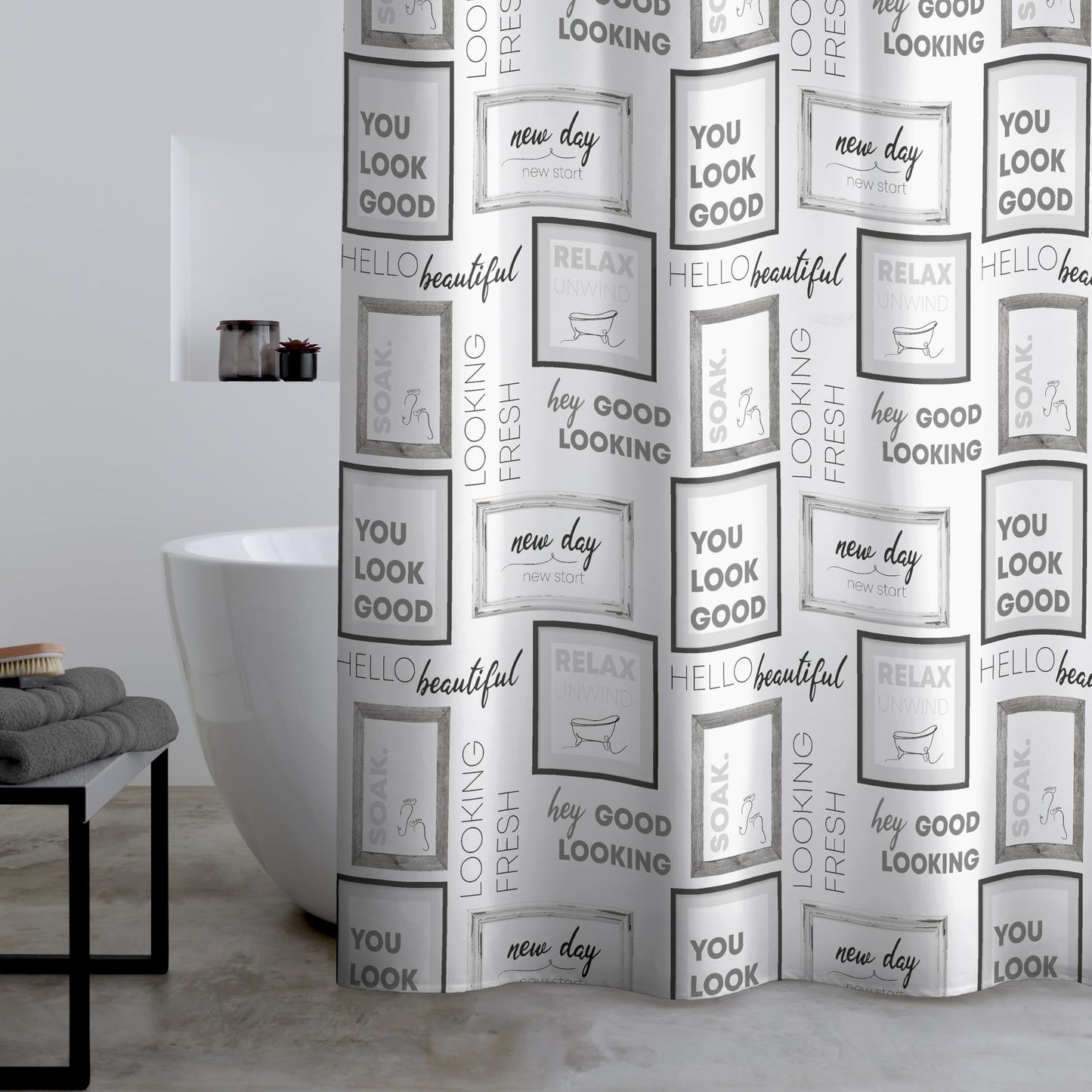 Catherine Lansfield Relax and Unwind 180x180cm Shower Curtain Grey/Black