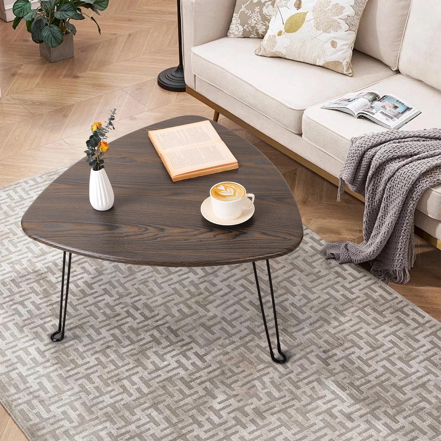 FEUFOAM Folding Coffee Tables for Small Spaces Foldable Industrial Sofa Center Table Triangle Design Wood Framed Coffee Table Mid Century Rustic