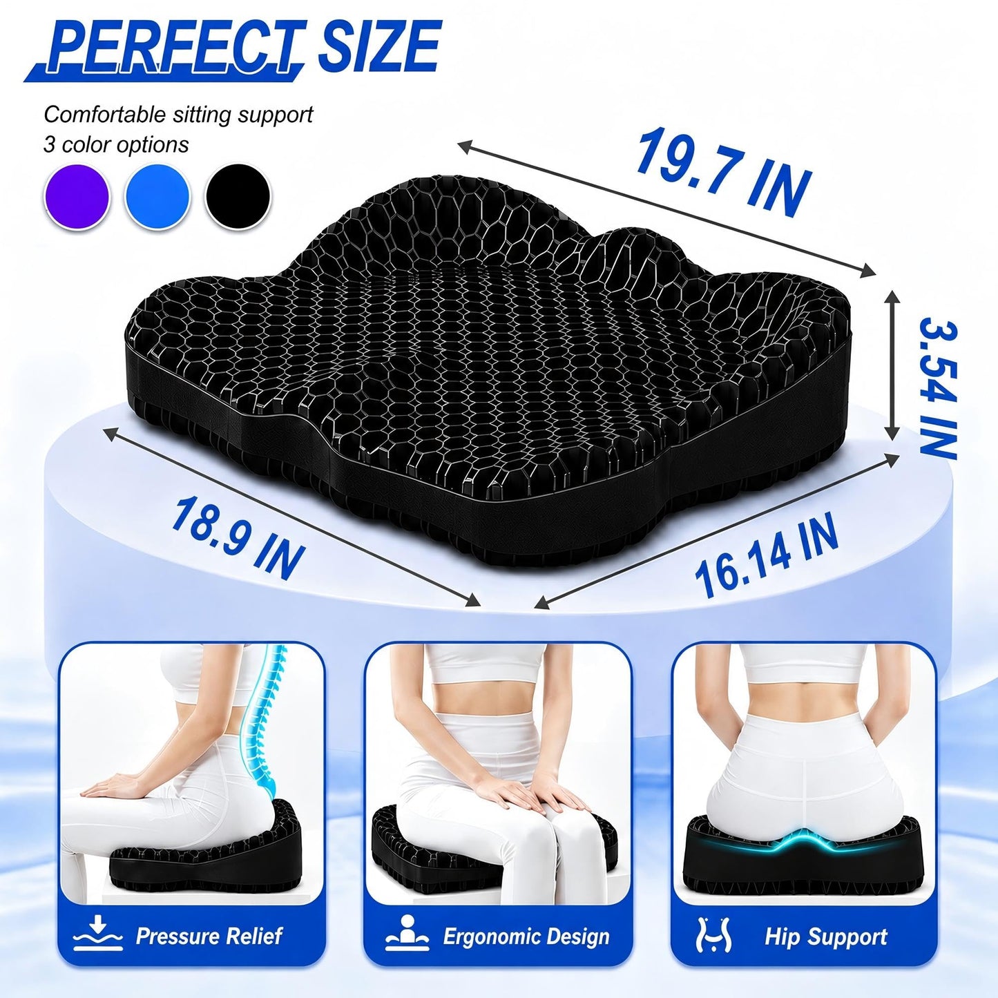 Airllantry Thicken 19.7in Seat Cushion, Gel Seat Cushion for Long Sitting–Office Chair, Wheelchair, Car Pad, Large Cooling Support Pad for Back Pain