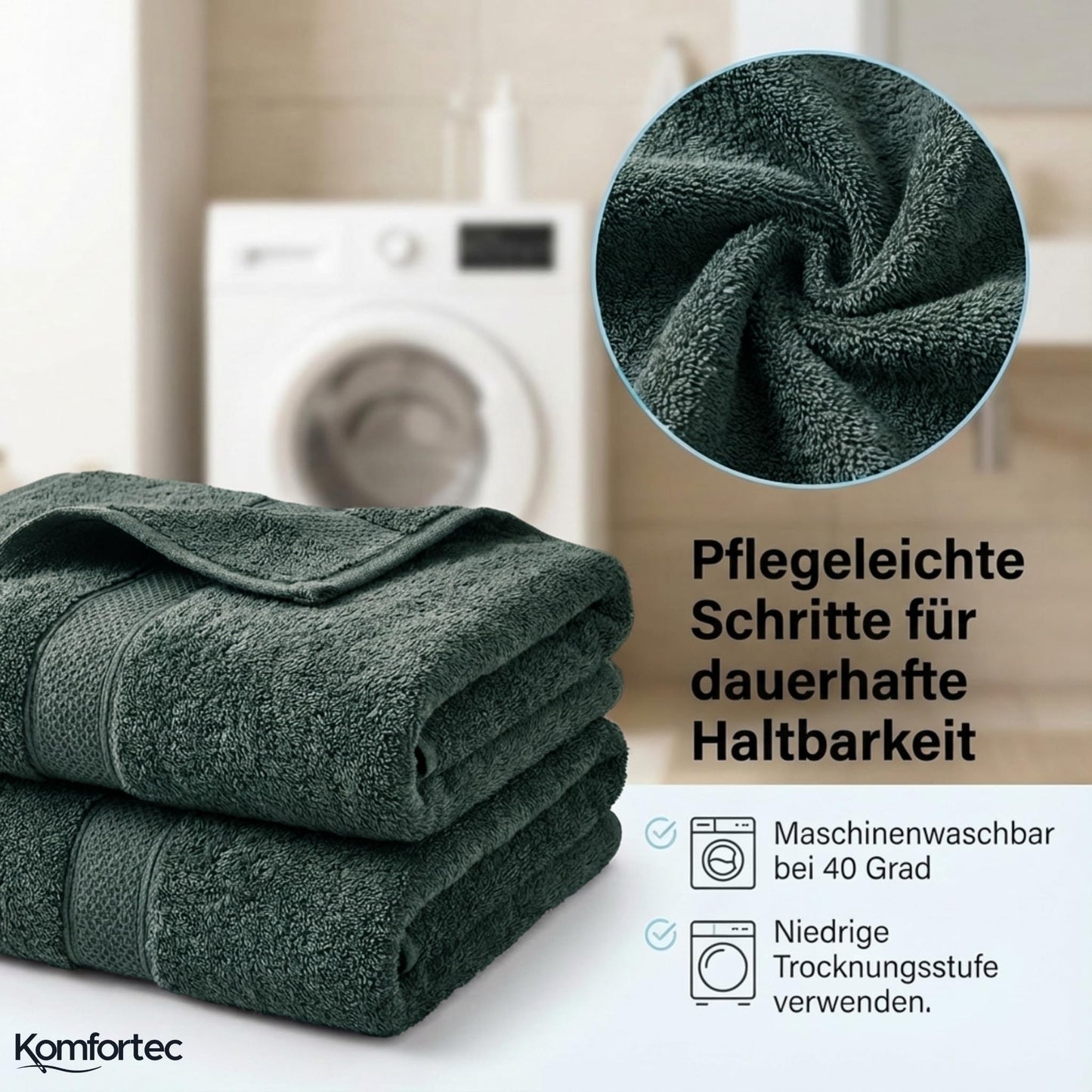 Komfortec Set of 8 Hand Towels 100% Cotton, 4 Bath Towels 70 x 140 cm and 4 Hand Towels 50 x 100 cm, Terry Cloth, Soft, Towel, Large, Dark Green