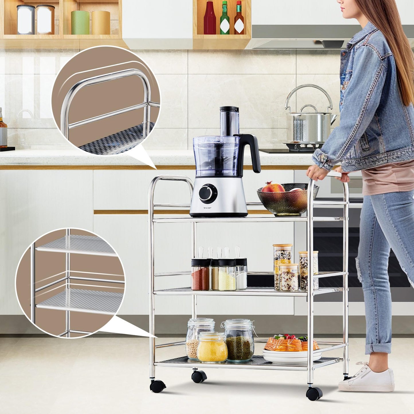 TUKAILAi 3 Tier Stainless Steel Utility Cart with Locking Wheels 35x60x75cm