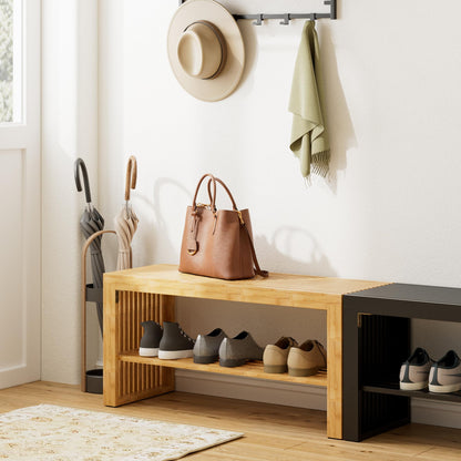 HEYZOEY Bamboo Hallway Bench with Shelf, Wooden Dining Bench, 35×13×17 in
