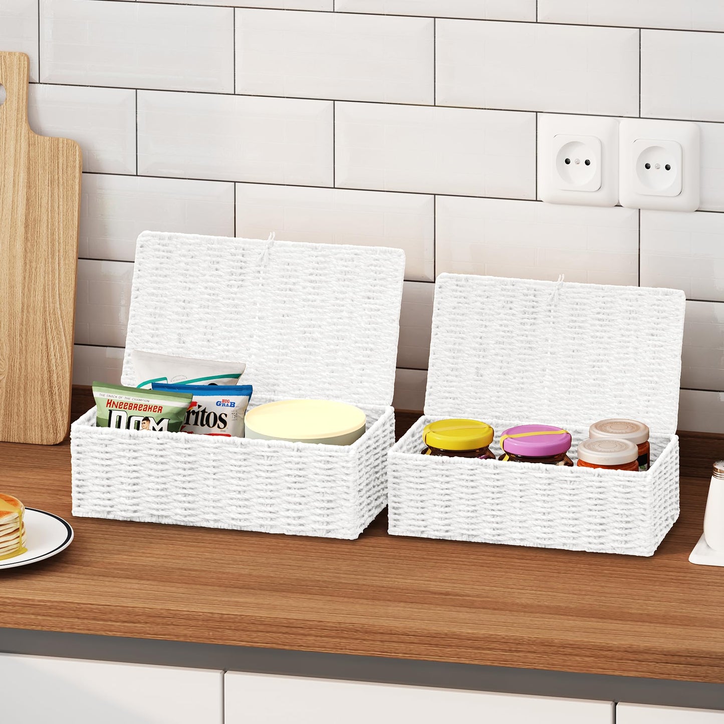 Vagusicc Storage Boxes with Lids, Handwoven Set of 2 Wicker Storage Baskets for Organizing, Nesting Storage Basket for Shelves