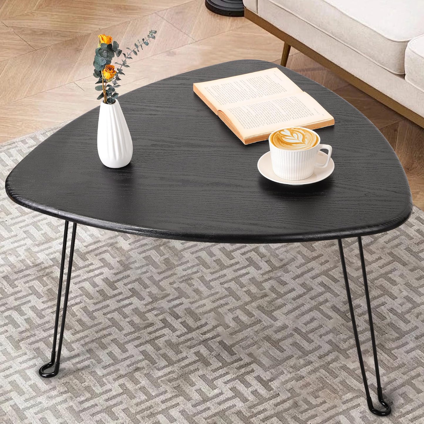 FEUFOAM Black Folding Coffee Table Small Oval Coffee Tables Wooden Triangle Floor Desk for Sitting on the Floor Mid Century Modern Center Sofa Table