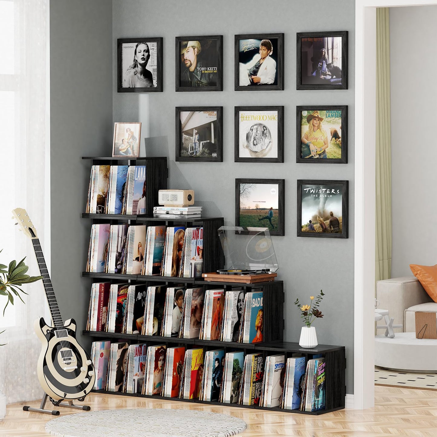 Emfogoo Vinyl Record Storage Wall Mounted Holds 100 LP Albums, 3-Tier Organizer Cabinet with Wall Mount