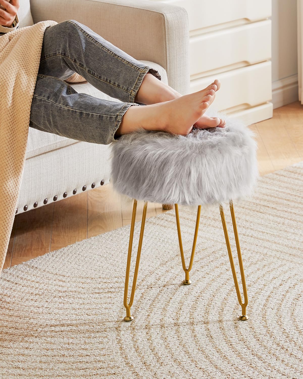 IBUYKE Faux Fur Vanity Chair, Furry Makeup Stool Ottoman, Gray L/G-32G