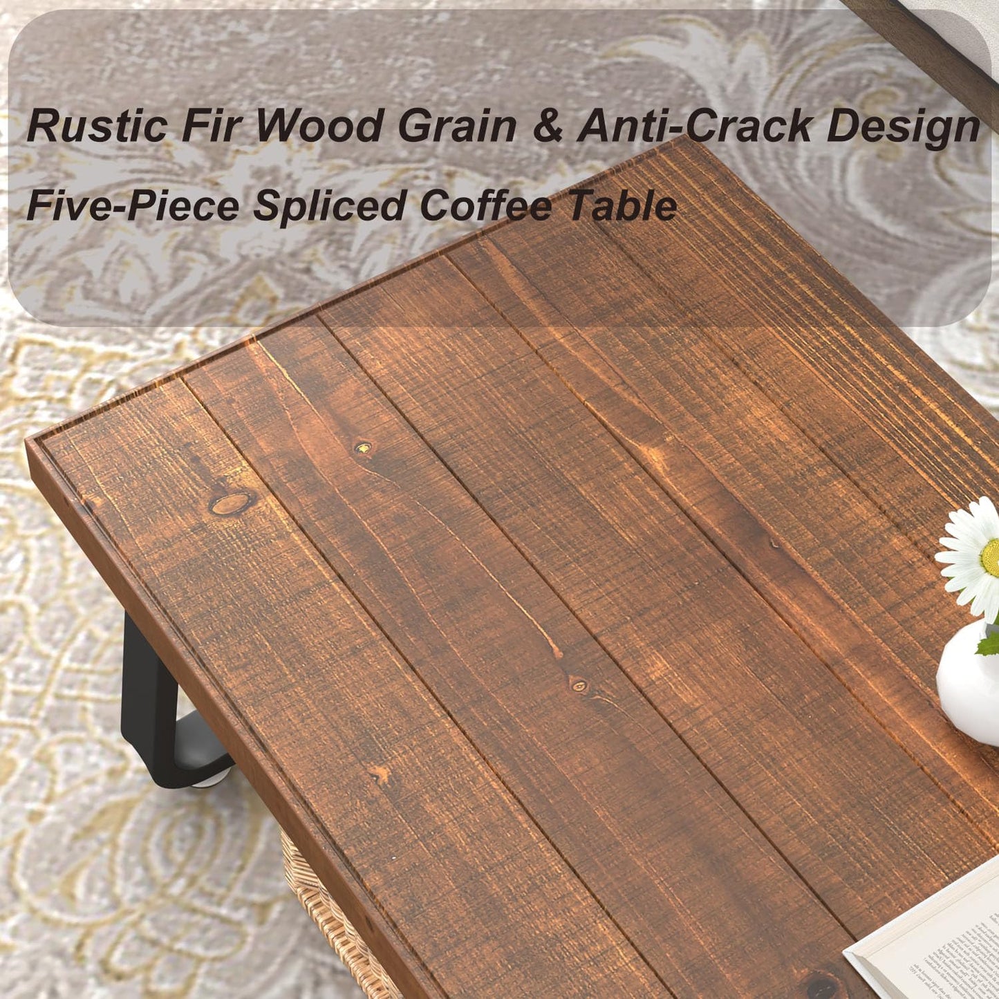 IBF Rustic Solid Wood Coffee Table, Living Room Real Wood Tea Table, 100CM