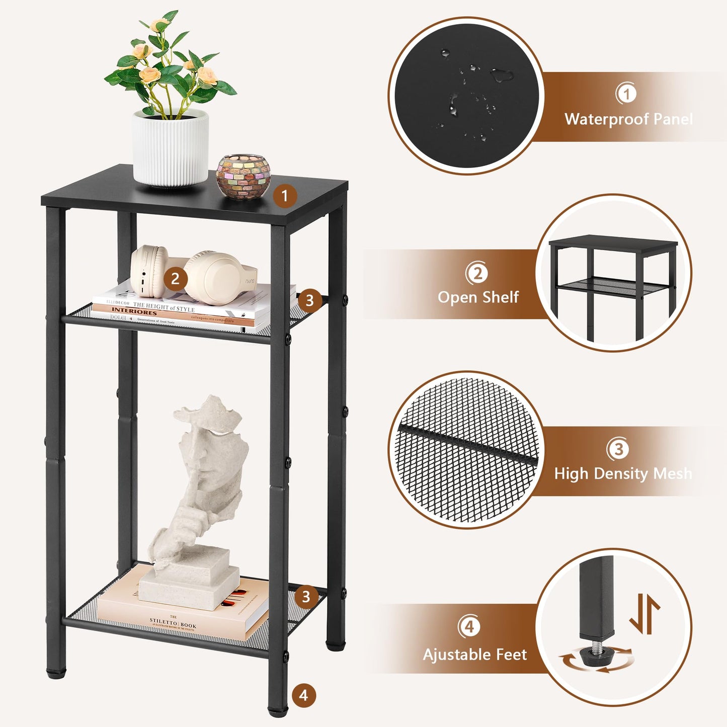 Hoctieon 3 Tier End Table, Telephone Table, Tall Side Table with Storage, Small Nightstand for Small Spaces, Metal Frame, For Living Room, Bedroom
