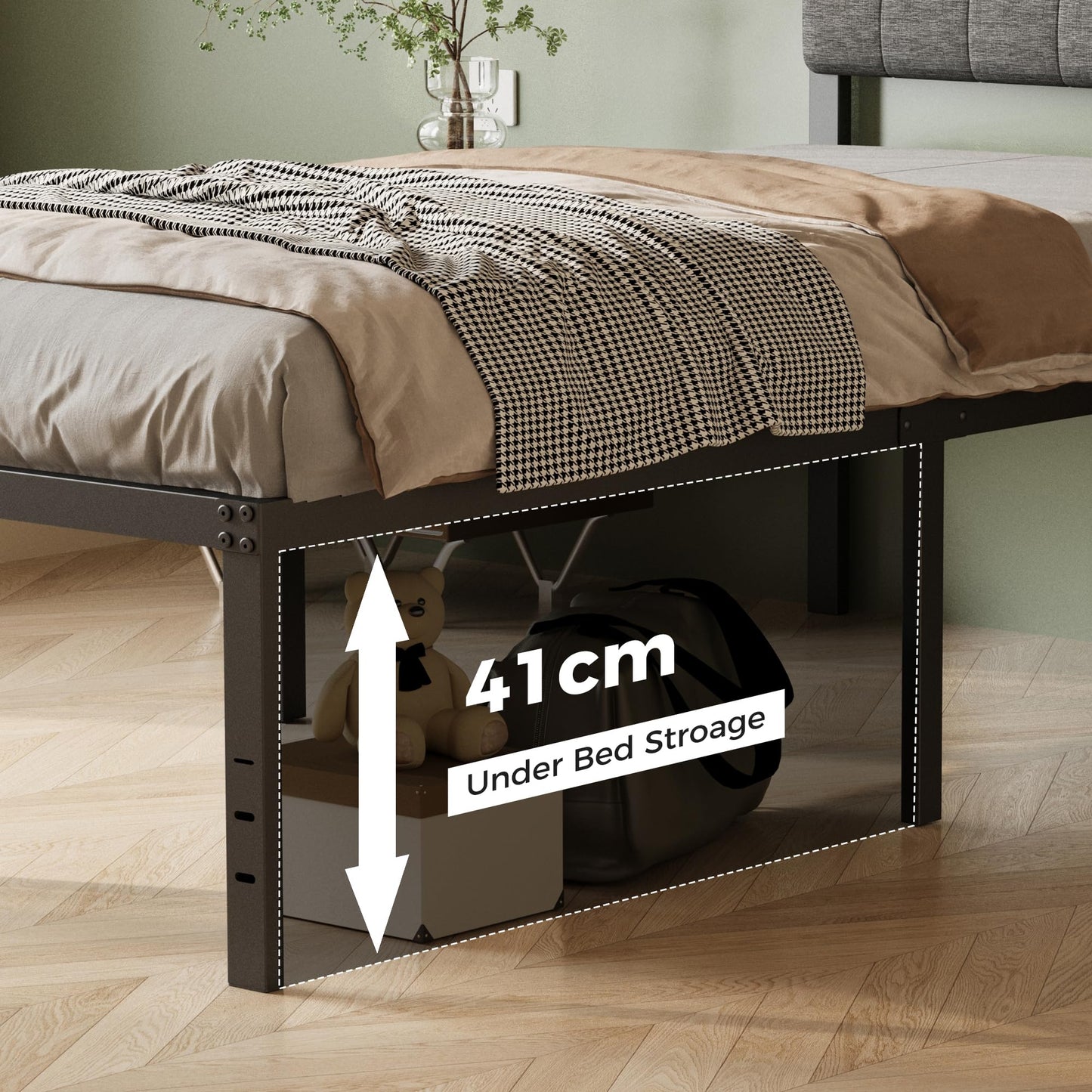 Lutown-Teen Single Bed Frame with Grey Upholstered Headboard